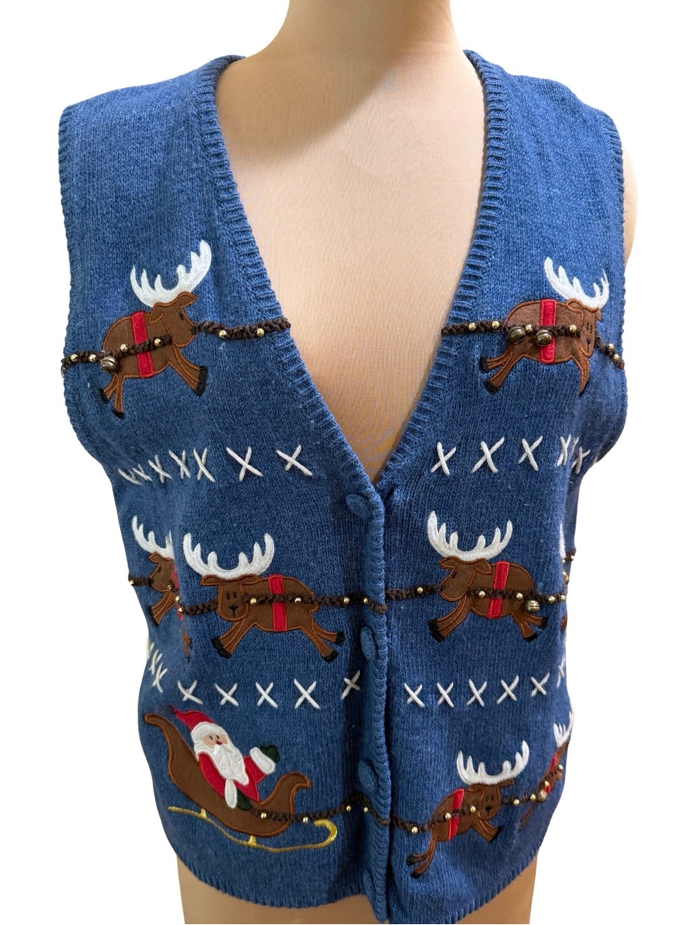 Vintage PBJ Sport Blue V-Neck Holiday Reindeer Sweater Vest